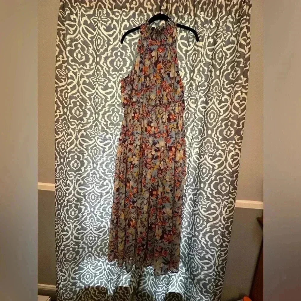 New Taylor Chiffon Floral Print Smocked Mock Neck Tiered Maxi Dress Size 14